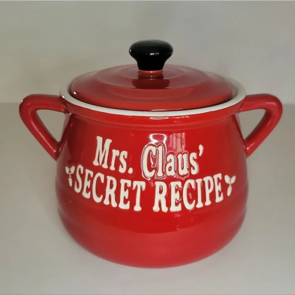 Mrs Claus Secret Recipe Covered Pot Red and White